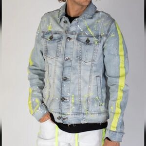 3025 NWT KDNK Denim Jacket Men’s Lt Blue Distressed Paint Splatter LG